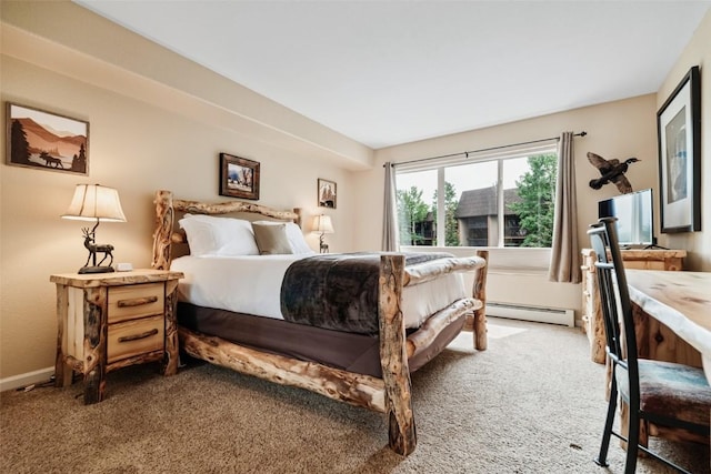 bedroom featuring a baseboard radiator and light colored carpet