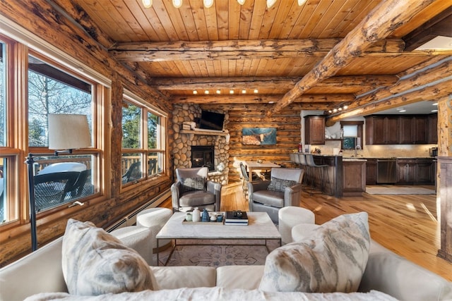878 American Way, Breckenridge, CO 80424 - living room featuring light wood finished floors, rustic walls, baseboard heating, wooden ceiling, and a stone fireplace