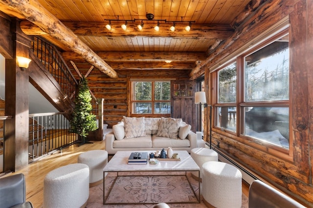 878 American Way, Breckenridge, CO 80424 - living area with rustic walls, wood finished floors, rail lighting, and wooden ceiling