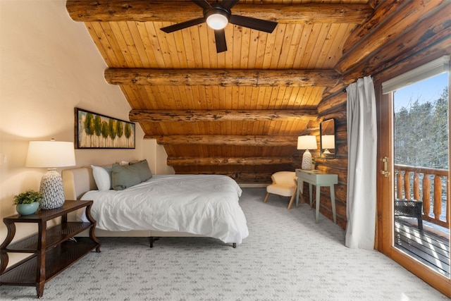 878 American Way, Breckenridge, CO 80424 - bedroom featuring wooden ceiling, carpet floors, rustic walls, and access to exterior