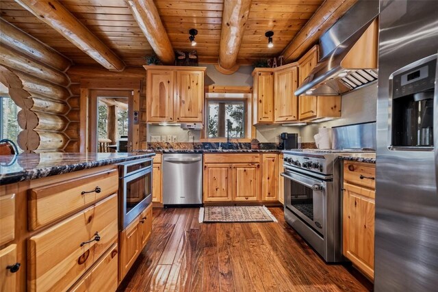 107 Primrose Pl, Frisco, CO 80443 - kitchen featuring stainless steel appliances, wall chimney range hood, dark wood-type flooring, wood ceiling, and log walls