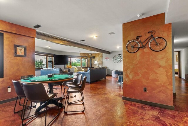 651 Lamb Mountain Rd, Fairplay, CO 80440 - dining room featuring concrete floors and beam ceiling