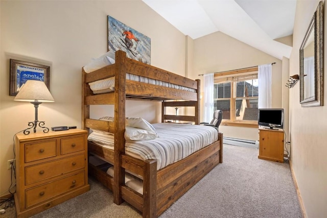 carpeted bedroom with baseboards, lofted ceiling, and baseboard heating