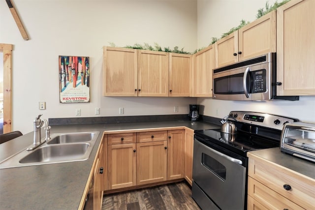 kitchen with light brown cabinetry, a sink, dark wood finished floors, dark countertops, and appliances with stainless steel finishes