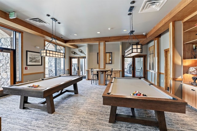 recreation room with recessed lighting, carpet floors, visible vents, and billiards