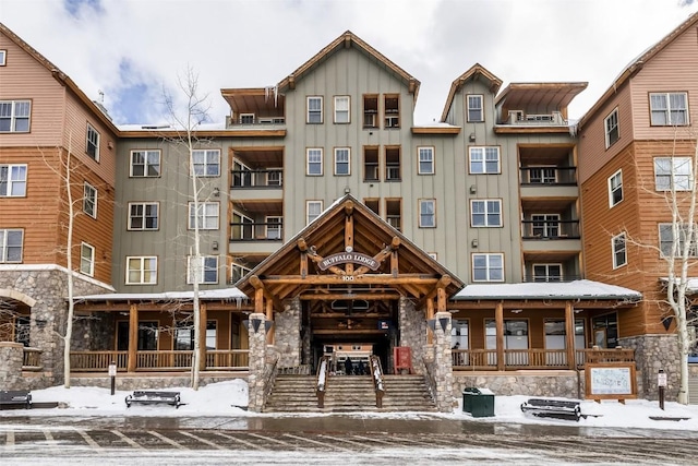 view of snow covered building