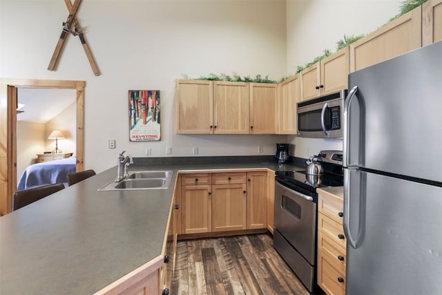 kitchen with stainless steel appliances, a peninsula, light brown cabinetry, a sink, and dark wood-type flooring