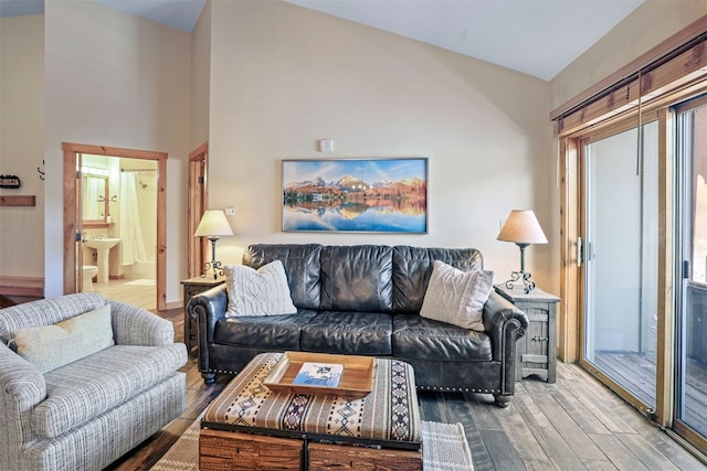 living area featuring baseboards, wood finished floors, high vaulted ceiling, and plenty of natural light