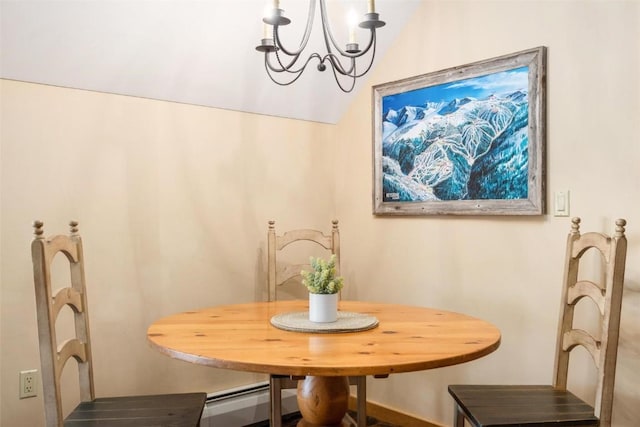 dining space featuring a baseboard heating unit and a notable chandelier
