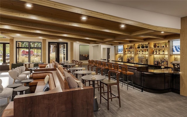 75 Hunki Dori Ct Unit E403, Keystone, CO 80435 - bar with recessed lighting, carpet floors, beam ceiling, and indoor wet bar