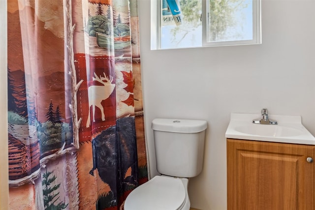 bathroom with toilet, vanity, and a shower with curtain