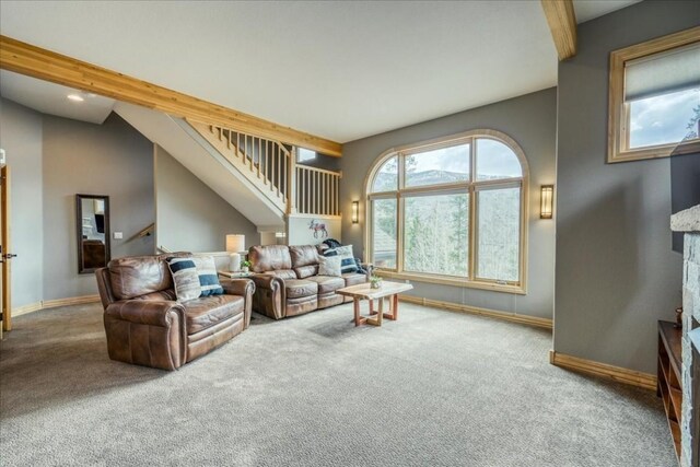 1813 Stellar Dr Unit 1813, Silverthorne, CO 80498 - carpeted living area with stairway and baseboards