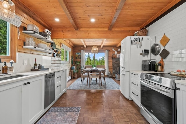 433 Fremont Knoll Ln, Jefferson, CO 80456 - kitchen featuring stainless steel appliances, open shelves, wood ceiling with exposed beams, white cabinetry, and light countertops