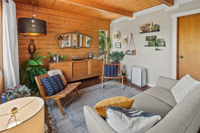 433 Fremont Knoll Ln, Jefferson, CO 80456 - living area featuring wooden ceiling with exposed beams, wood walls, wood finished floors, and baseboards