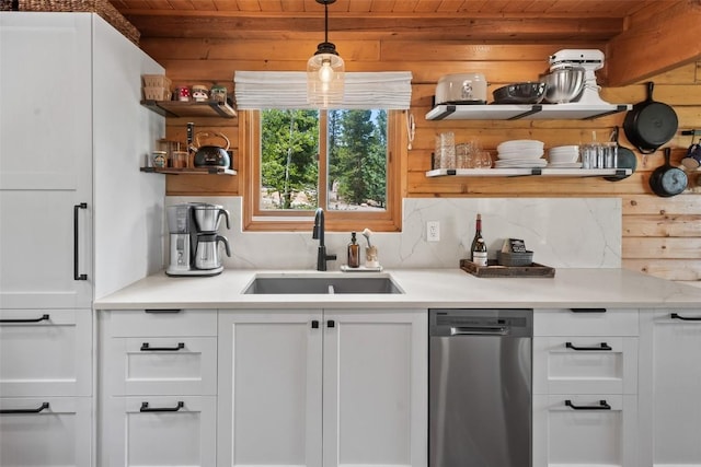 433 Fremont Knoll Ln, Jefferson, CO 80456 - kitchen featuring stainless steel dishwasher, open shelves, a sink, wooden ceiling, and white cabinets