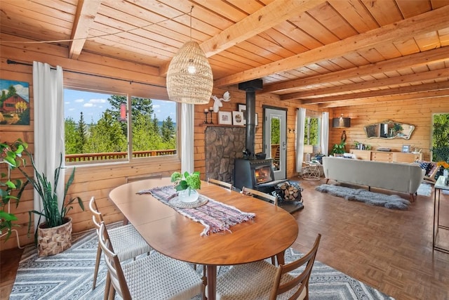 433 Fremont Knoll Ln, Jefferson, CO 80456 - dining space with a wood stove, wood ceiling with exposed beams, and wood walls