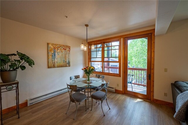 580 Anglers Dr Unit 204, Steamboat Springs, CO 80487 - dining space featuring baseboard heating, wood finished floors, baseboards, and a baseboard radiator