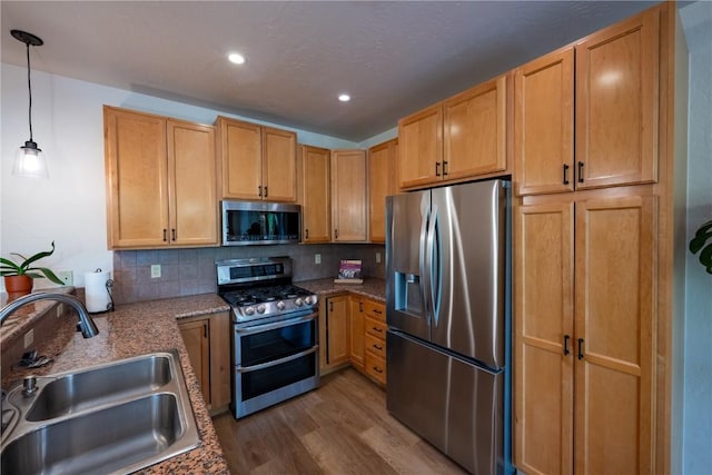 580 Anglers Dr Unit 204, Steamboat Springs, CO 80487 - kitchen featuring stainless steel appliances, a sink, wood finished floors, tasteful backsplash, and light stone counters