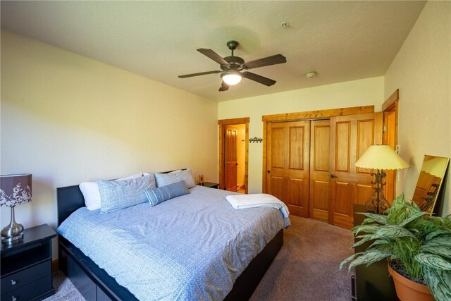 580 Anglers Dr Unit 204, Steamboat Springs, CO 80487 - bedroom with carpet flooring, a closet, and a ceiling fan