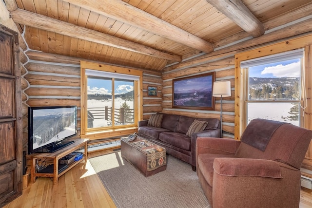 82 Potentilla Ln, Keystone, CO 80435 - living room with wood ceiling, a wealth of natural light, and beamed ceiling