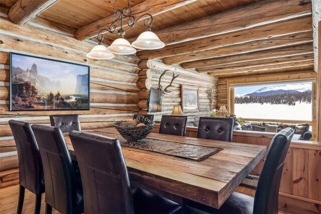 82 Potentilla Ln, Keystone, CO 80435 - dining room featuring wooden ceiling, log walls, wood finished floors, and beamed ceiling