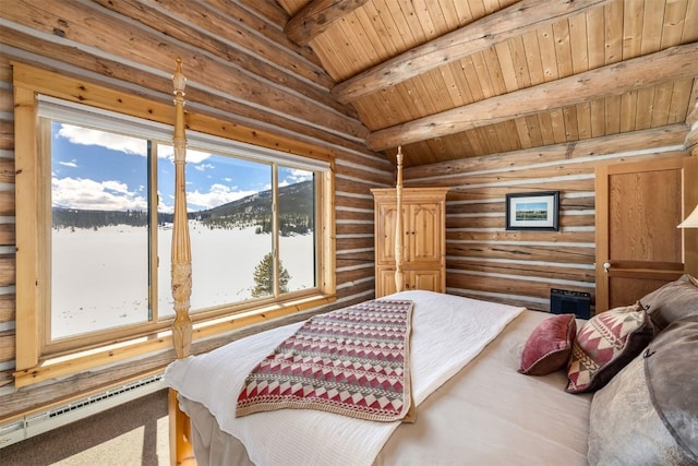 82 Potentilla Ln, Keystone, CO 80435 - bedroom with wood ceiling, lofted ceiling with beams, rustic walls, and baseboard heating