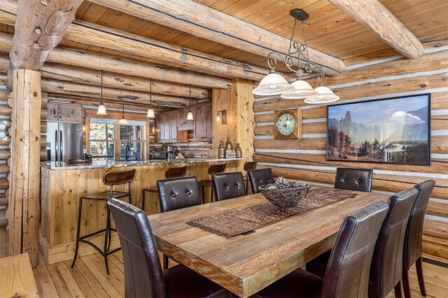 82 Potentilla Ln, Keystone, CO 80435 - dining space featuring hardwood / wood-style flooring, wooden ceiling, rustic walls, and beam ceiling