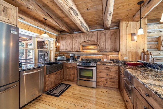 82 Potentilla Ln, Keystone, CO 80435 - kitchen featuring wood ceiling, beam ceiling, and stainless steel appliances