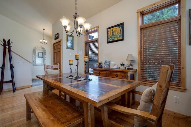 631 Parkview Dr, Steamboat Springs, CO 80487 - dining space featuring a chandelier, light wood-type flooring, and lofted ceiling