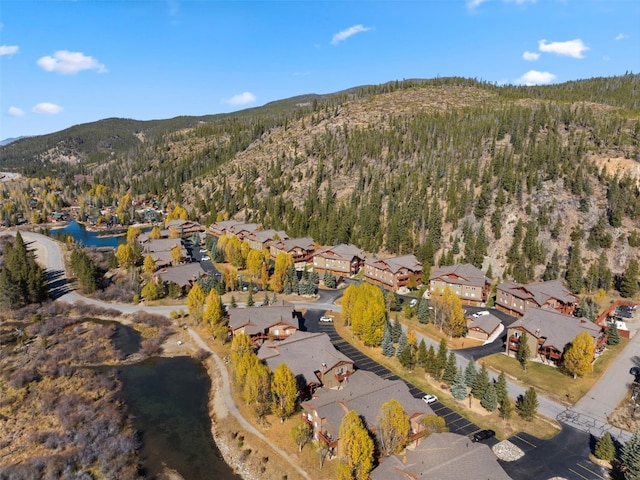 aerial overview of property's location featuring a forest, nearby suburban area, and a mountain backdrop