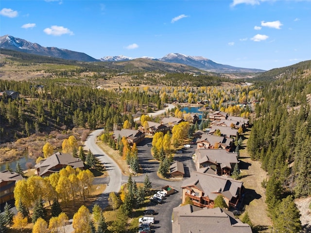aerial overview of property's location with mountains, nearby suburban area, and a forest