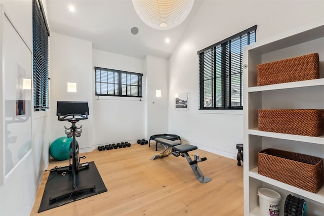 628 Independence Rd, Keystone, CO 80435 - workout area with wood finished floors, lofted ceiling, and recessed lighting