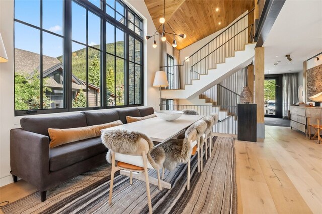 628 Independence Rd, Keystone, CO 80435 - dining area featuring hardwood / wood-style floors, a high ceiling, wooden ceiling, and stairs
