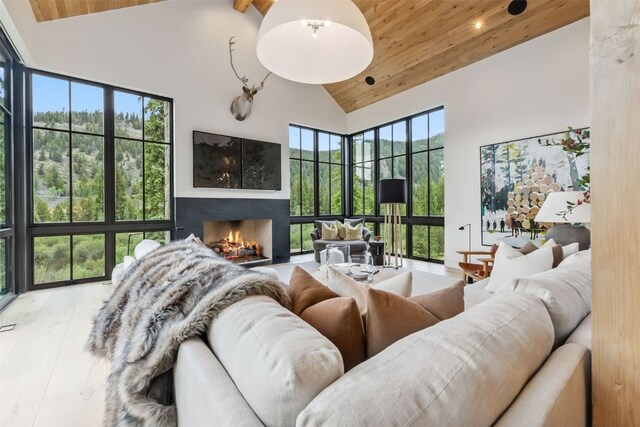 628 Independence Rd, Keystone, CO 80435 - living room featuring wooden ceiling, high vaulted ceiling, a lit fireplace, and recessed lighting