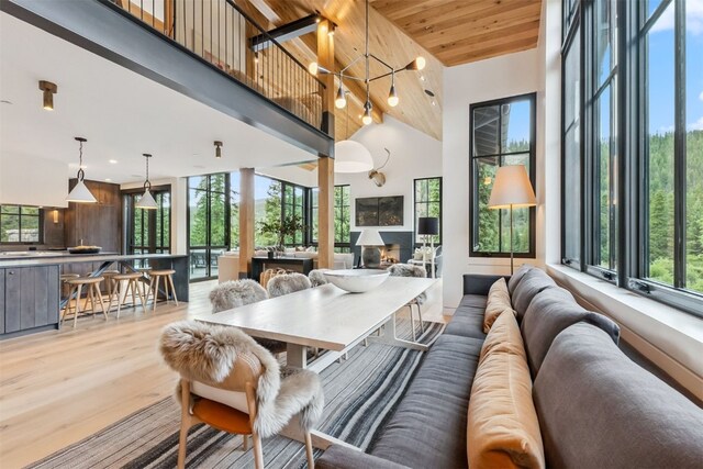 628 Independence Rd, Keystone, CO 80435 - living area featuring high vaulted ceiling, light wood-style floors, plenty of natural light, and wooden ceiling
