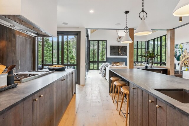 628 Independence Rd, Keystone, CO 80435 - kitchen featuring light wood-type flooring, stainless steel gas stovetop, a warm lit fireplace, decorative light fixtures, and a breakfast bar area