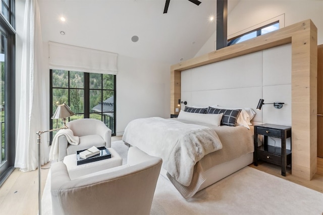 628 Independence Rd, Keystone, CO 80435 - bedroom with high vaulted ceiling, light wood-type flooring, and recessed lighting