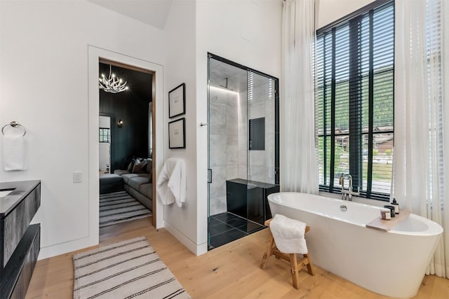 628 Independence Rd, Keystone, CO 80435 - ensuite bathroom featuring a shower stall, plenty of natural light, wood finished floors, and a soaking tub