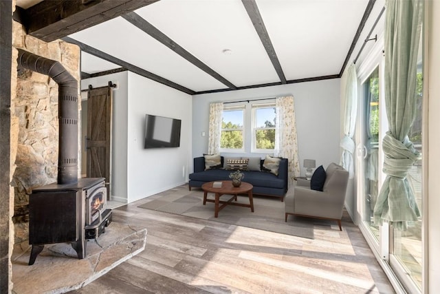 8011 Ryan Gulch Rd Unit B2, Silverthorne, CO 80498 - living area featuring wood finished floors, crown molding, and a wood stove