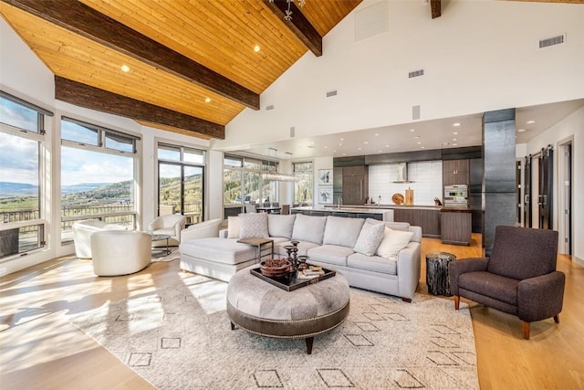 36125 Quarry Ridge Rd, Steamboat Springs, CO 80487 - living area featuring high vaulted ceiling, a wooden ceiling with exposed beams, light wood finished floors, and recessed lighting