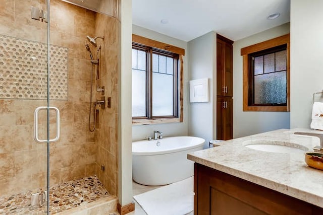 103 Victory Ln, Breckenridge, CO 80424 - bathroom featuring a shower stall, a freestanding bath, and vanity