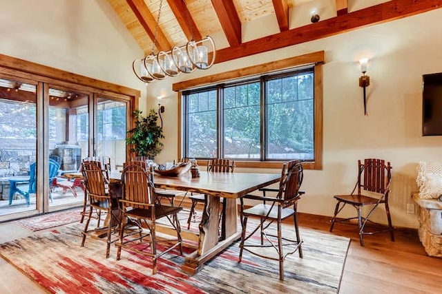 103 Victory Ln, Breckenridge, CO 80424 - dining room with wood finished floors, beamed ceiling, wood ceiling, a chandelier, and high vaulted ceiling