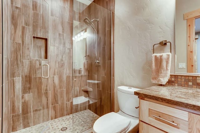 103 Victory Ln, Breckenridge, CO 80424 - bathroom with toilet, tasteful backsplash, vanity, and a stall shower