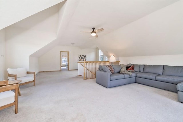 32404 Ute Trl, Oak Creek, CO 80467 - living area featuring a ceiling fan, baseboards, light carpet, and lofted ceiling