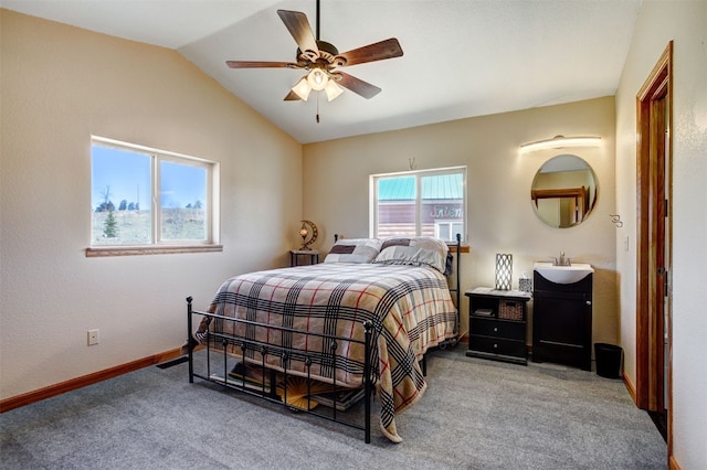 526 Sharps Way, Como, CO 80456 - bedroom with carpet floors, lofted ceiling, baseboards, a sink, and ceiling fan