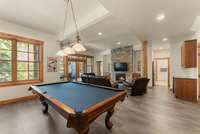 50 Cooney Ct, Blue River, CO 80424 - game room with a fireplace, recessed lighting, billiards, and light tile patterned floors