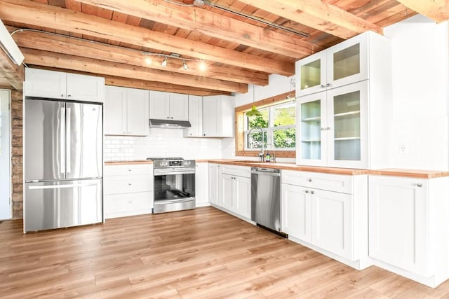 30955 Whitecotton Ct, Steamboat Springs, CO 80487 - kitchen featuring stainless steel appliances, under cabinet range hood, wooden ceiling with exposed beams, white cabinetry, and decorative backsplash
