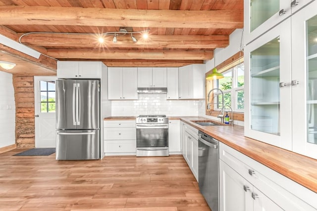 30955 Whitecotton Ct, Steamboat Springs, CO 80487 - kitchen featuring stainless steel appliances, a sink, wood ceiling with exposed beams, under cabinet range hood, and healthy amount of natural light