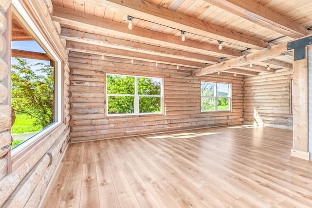 30955 Whitecotton Ct, Steamboat Springs, CO 80487 - spare room featuring wood ceiling with exposed beams, rail lighting, hardwood / wood-style flooring, and log walls