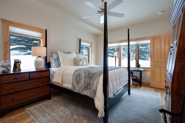 1064 Steamboat Blvd, Steamboat Springs, CO 80487 - bedroom with light wood finished floors, a ceiling fan, and multiple windows